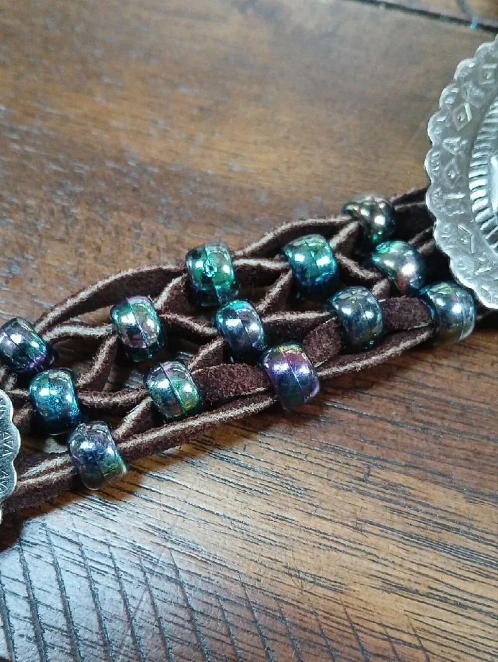 Brown Leather Western Concho Beaded Belt